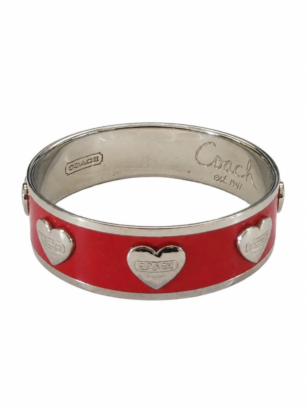 Coach Red Enamel Silver Tone Heart Logo Wide Bangle Bracelet 18mm